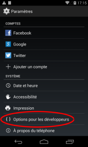 Paramètres - Options pour les développeurs
